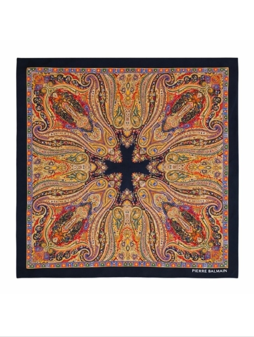 PIERRE BALMAIN | Vintage Paisley Silk Scarf Black Gold 30” Square